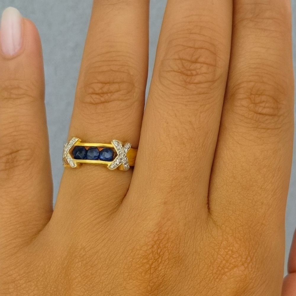 Silver 925 Stamped Ring Gold With Blue Faux Sapphires X Crystals Size 9.5